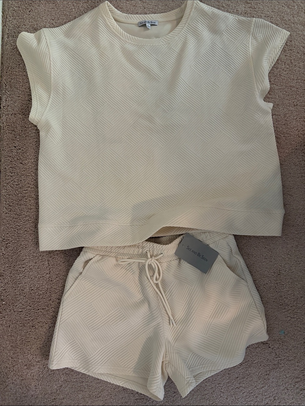 Knit Top & Drawstring Shorts Set - Cream